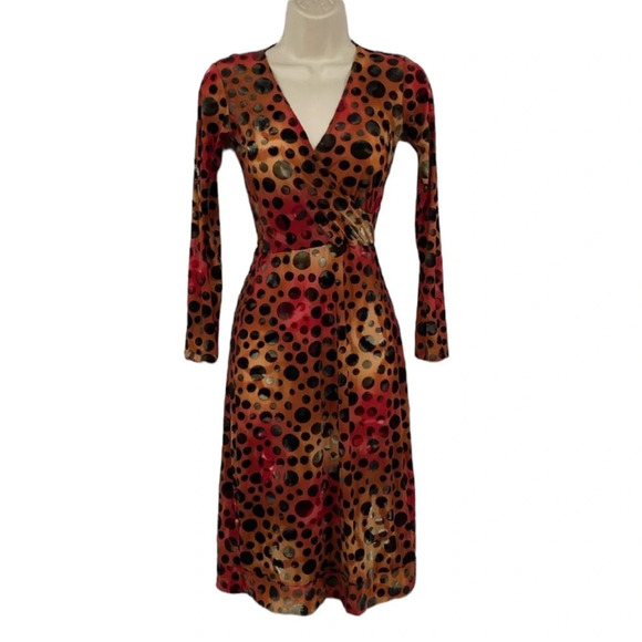 Huminska NY Faux Wrap Dress Womens Sz 0 Orange Burnout Velvet Long Sleeve V-Neck - Picture 1 of 12